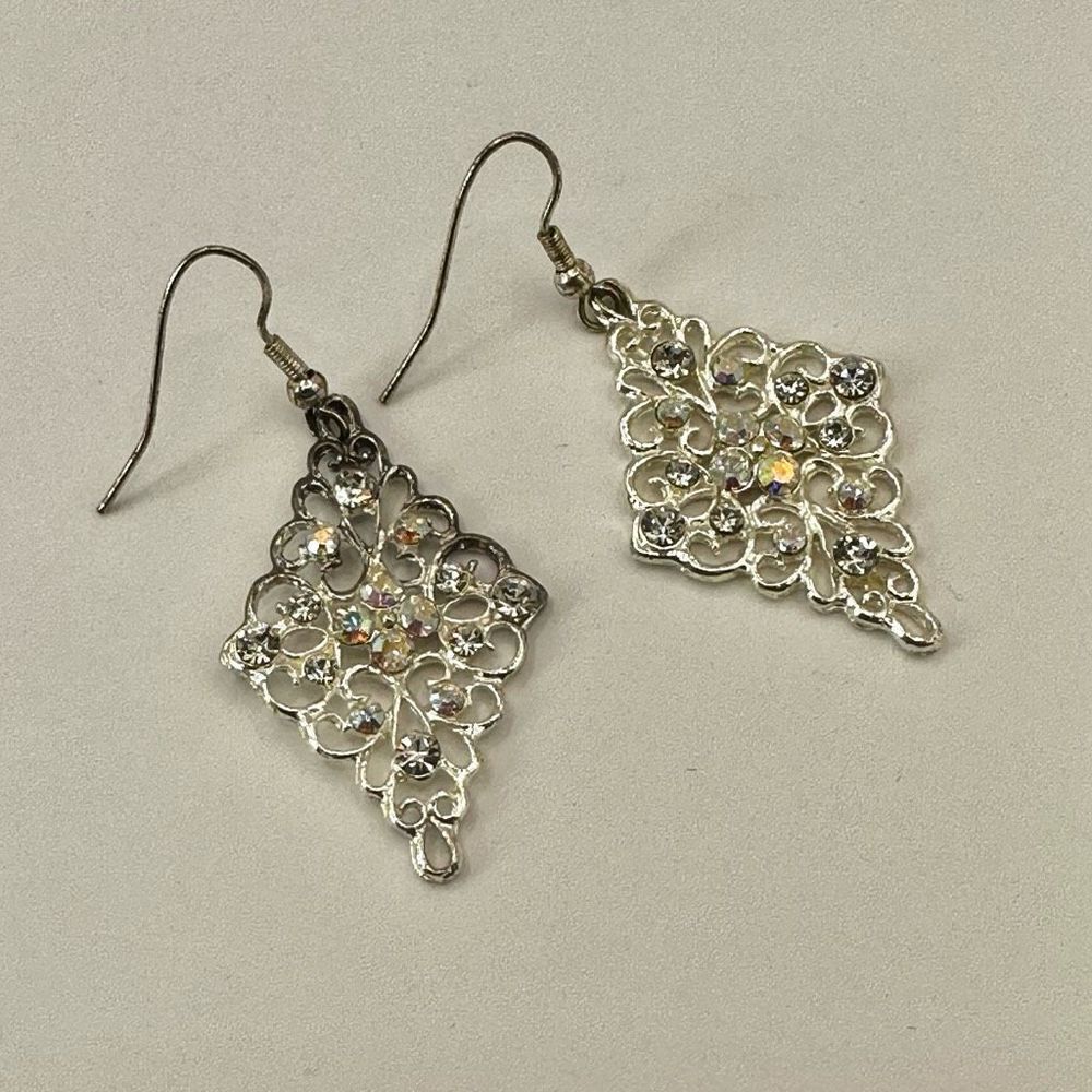 Silver tone rhinestone drop earrings - Picture 2 of 7